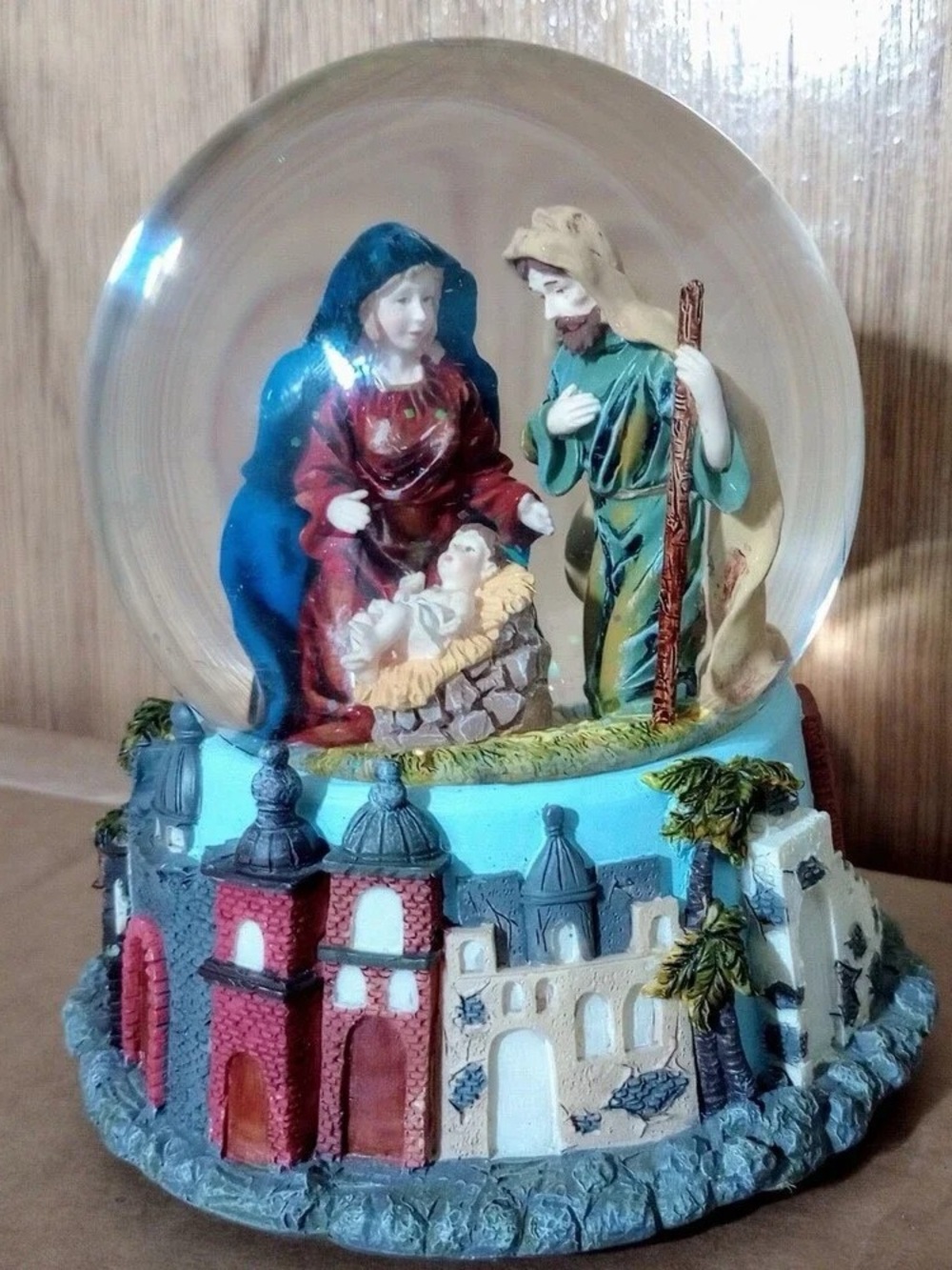 Hand-Painted Nativity Snow Globe - Blue, Red and Green